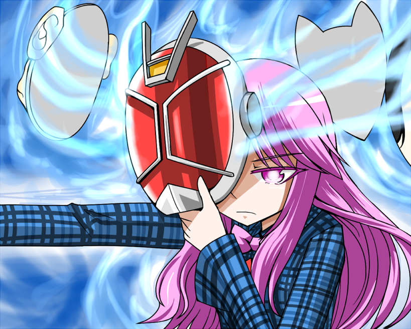 1girl bow bust colored_eyelashes crossover dress_shirt female hata_no_kokoro kamen_rider kamen_rider_wizard kamen_rider_wizard_(series) koshinomiti-kokiri long_hair mask plaid plaid_shirt purple_hair shirt solo touhou violet_eyes