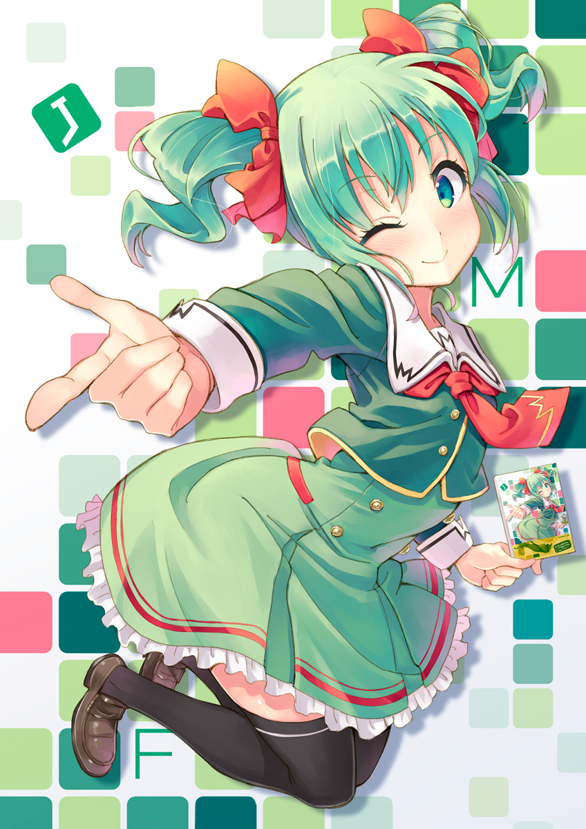 1girl green_eyes green_hair highres hyuuga_azuri original short_twintails solo thighhighs twintails wink