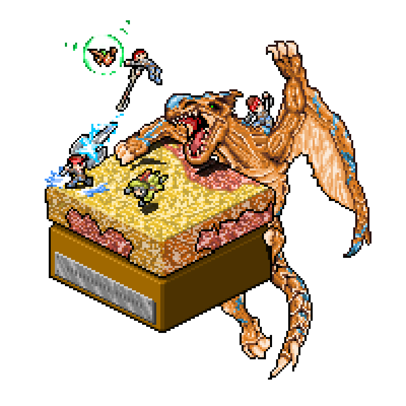 1992kazu armor battle claws monster_hunter monster_hunter_4 pixel_art tigrex weapon white_background wings