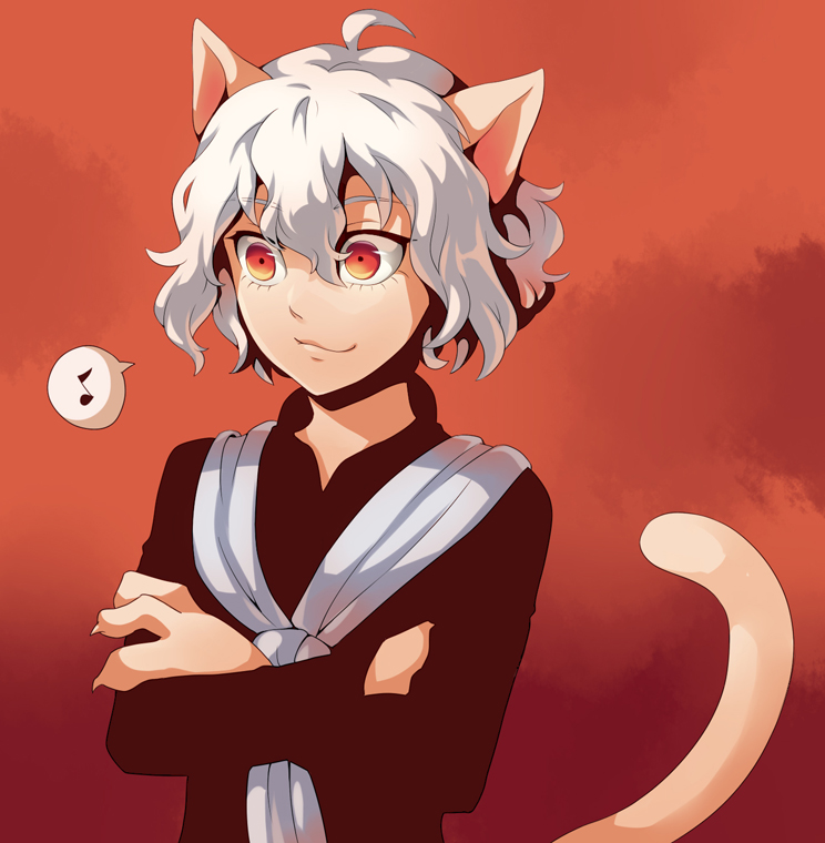 animal_ears cat_ears cat_tail claws cr72 crossed_arms curly_hair hunter_x_hunter nefelpitou orange_eyes smile tail