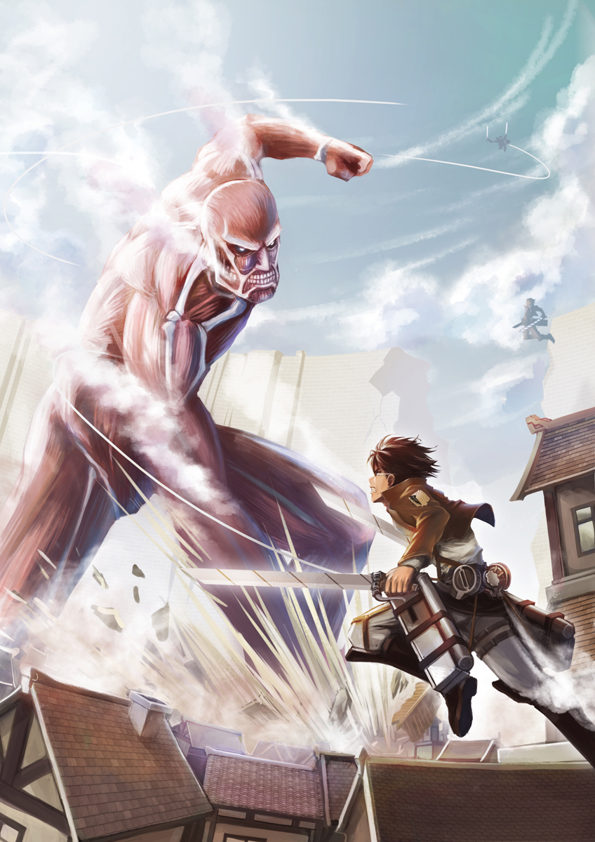 2boys clouds colossal_titan eren_jaeger highres multiple_boys muscle shingeki_no_kyojin size_difference sky sword teeth three-dimensional_maneuver_gear tienao weapon