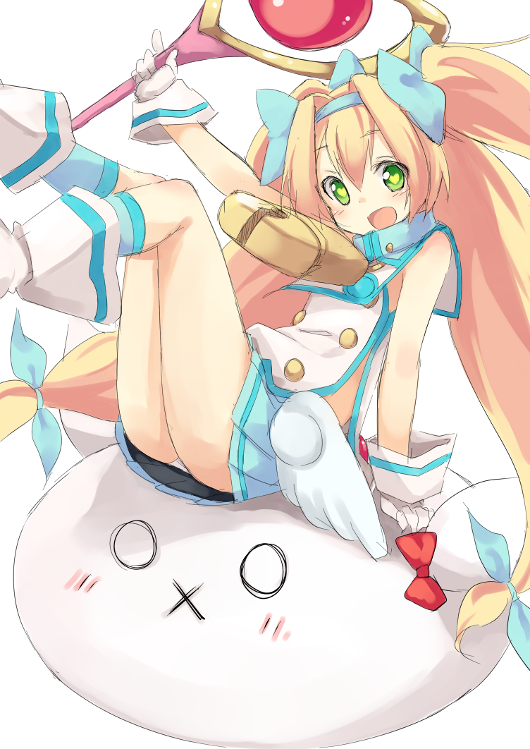 1girl bell blazblue blonde_hair blush boots bow gloves green_eyes hair_bow hairband heart heart-shaped_pupils leg_lift leg_up long_hair low-tied_long_hair mokoke open_mouth panties pantyshot platinum_the_trinity quad_tails ribbon skirt smile solo staff symbol-shaped_pupils twintails two_side_up underwear very_long_hair white_panties