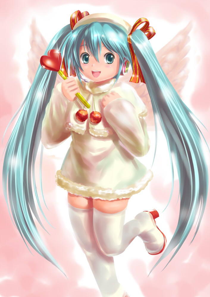 1girl :d blue_eyes blue_hair boots hair_ribbon hat hatsune_miku long_hair moriichi open_mouth ribbon smile solo standing_on_one_leg thigh_boots thighhighs twintails vocaloid wand