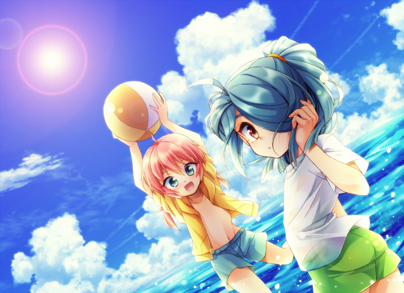 2boys arched_back ball beachball blue_eyes blue_hair clouds crossover dutch_angle hair_over_one_eye inazuma_eleven inazuma_eleven_(series) inazuma_eleven_go kazemaru_ichirouta kirino_ranmaru lens_flare long_hair looking_back male multiple_boys navel open_clothes pink_hair ponytail shiho_(acoram) shorts time_paradox twintails water