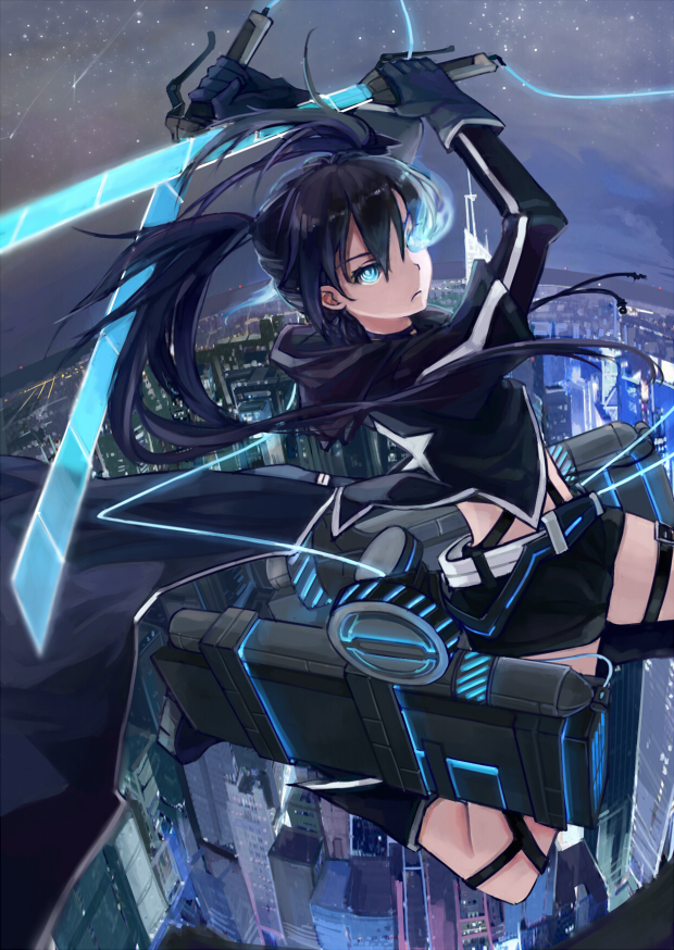 1girl black_hair black_rock_shooter black_rock_shooter_(character) blue_eyes cape cityscape cosplay dual_wielding frown glowing glowing_eye hoodie long_hair looking_at_viewer meteor night shingeki_no_kyojin shorts sky solo spark_(sandro) star_(sky) starry_sky sword three-dimensional_maneuver_gear twintails weapon