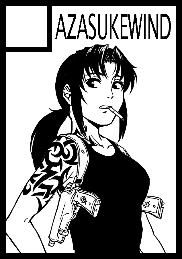 1girl armpit_holster azasuke black_lagoon breasts cigarette circle_cut gun holster large_breasts monochrome payot pistol ponytail revy solo tank_top tattoo weapon