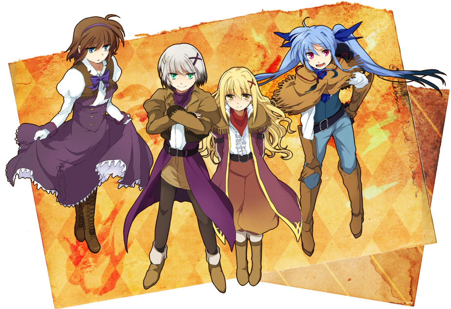 4girls arm_support belt black_legwear blonde_hair blue_eyes blue_hair boots bowtie brown_hair capelet crossed_arms dress gloves green_eyes grey_hair hair_ornament hair_ribbon hairband hairclip hand_on_hip jacket jeans leaning_forward long_skirt long_sleeves looking_at_viewer lyrical_nanoha mahou_shoujo_lyrical_nanoha_innocent material-d material-l miniskirt multiple_girls na770 neckerchief open_mouth pantyhose pencil_skirt purple_dress ribbon shirt short_hair skirt skirt_hold smile standing twintails u-d vest violet_eyes white_shirt yellow_eyes