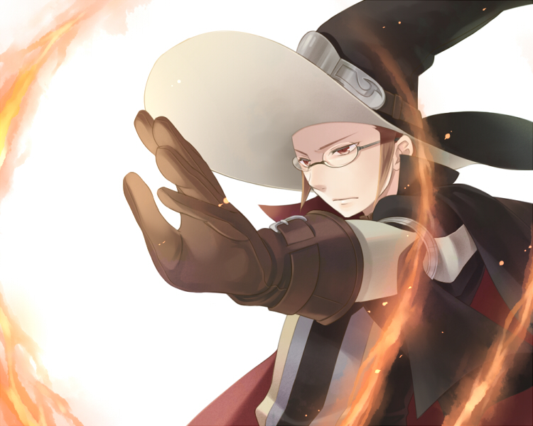 1boy brown_eyes brown_gloves brown_hair cape casting_spell fire fire_emblem fire_emblem:_kakusei foreshortening frown glasses gloves hat kiyuu laurent mage magic male nintendo outstretched_arm puffy_sleeves ring_of_fire serious simple_background solo white_background witch_hat