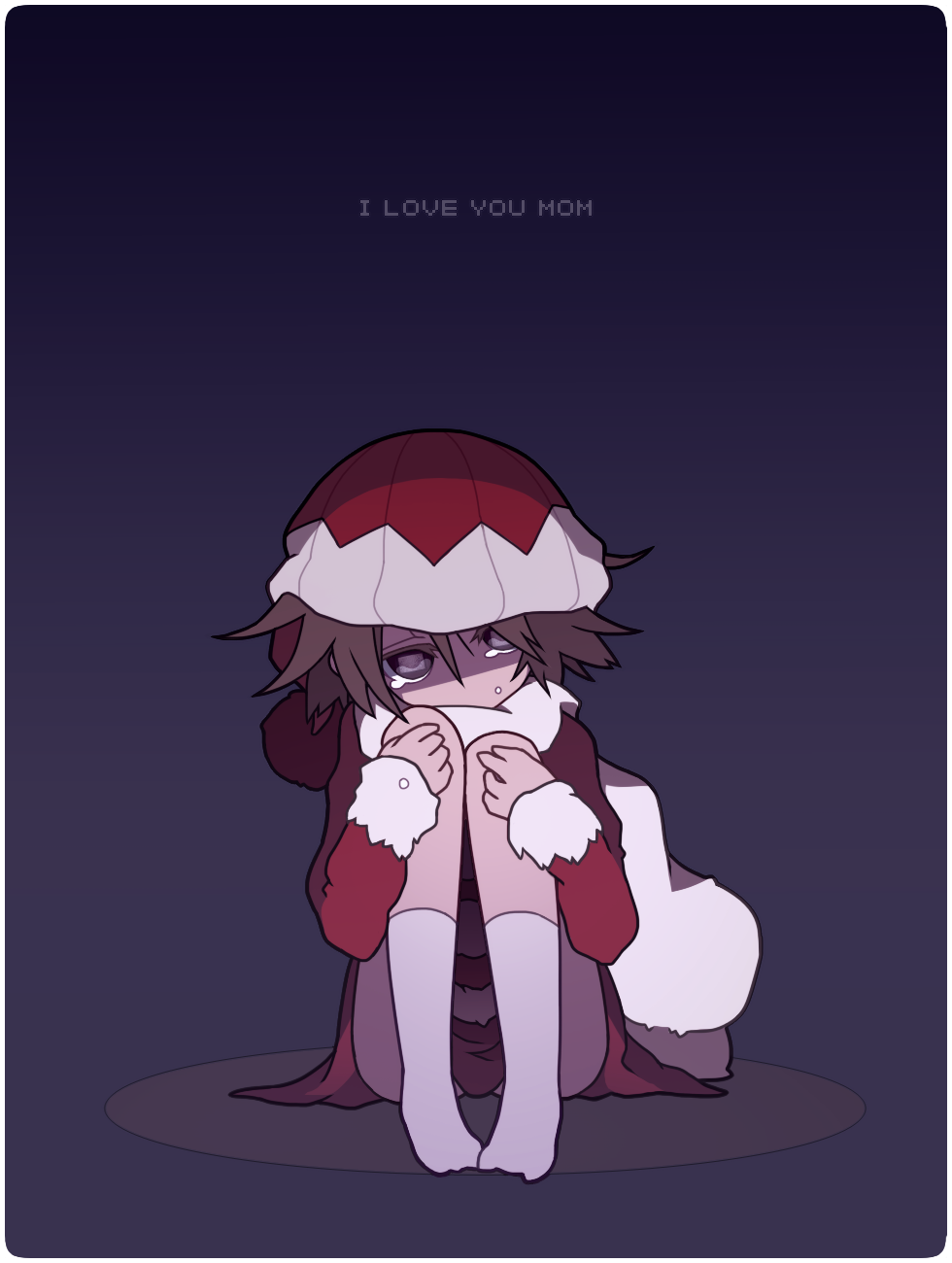 1girl aika_(doubutsu_no_mori) brown_hair coat crying doubutsu_no_mori fetal_position hat highres holding polka_dot_skirt red_eyes red_hat