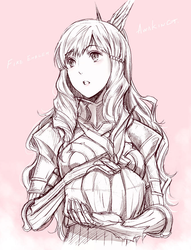 1girl amatari_sukuzakki armor blush breastplate copyright_name elbow_gloves engrish feathers fire_emblem fire_emblem:_kakusei food gauntlets gloves hair_feathers holding lipstick long_hair looking_away lunchbox makeup monochrome pink_background pink_lipstick ranguage sketch solo spaulders spot_color striped sumia wavy_hair