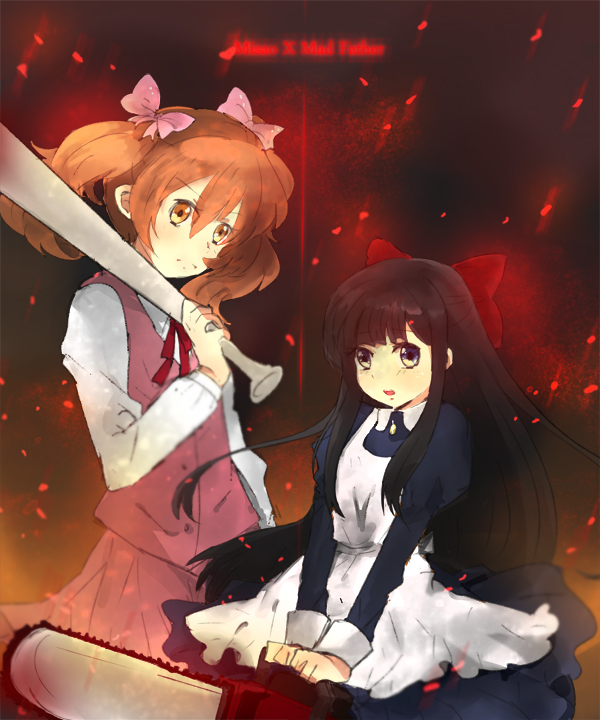 2girls aki_(misao) artist_request aya_drevis bangs baseball_bat black_hair blood blue_eyes bow brown_eyes brown_hair buttons chainsaw company_connection copyright_name crossover english hair_bow hair_ornament hair_ribbon holding_chainsaw huge_bow long_hair looking_at_viewer mad_father miniskirt misao multiple_girls open_mouth pink_miniskirt ribbon skirt text twintails weapon