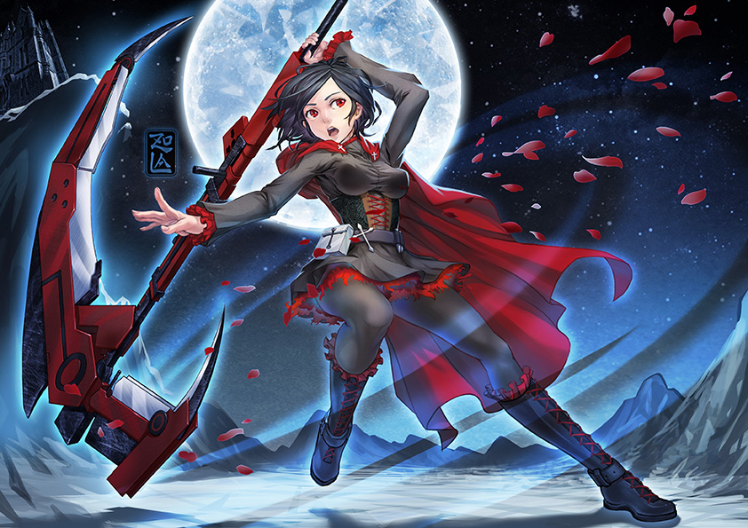 1girl belt black_hair boots breasts cape chen_jun-zou corset cross dress frills full_moon moon open_mouth pantyhose petals red_eyes ruby_(rwby) rwby scythe short_hair solo taut_clothes