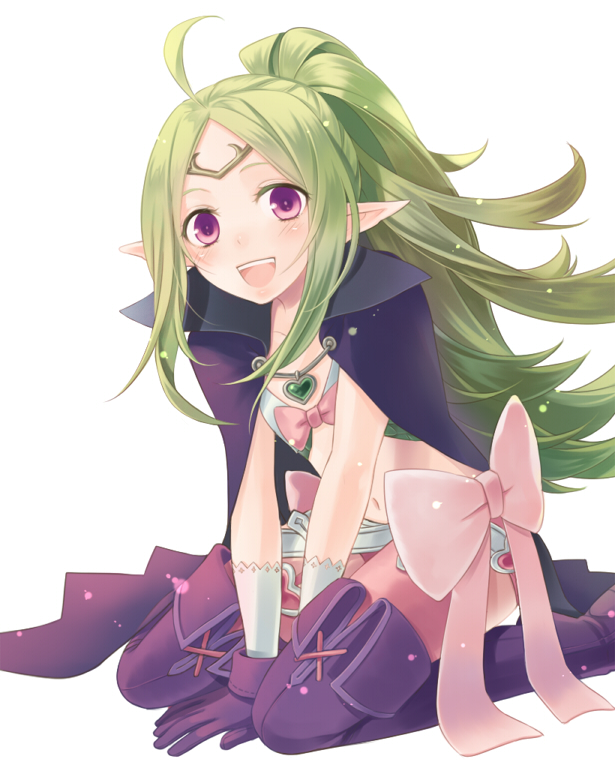 1girl ahoge arm_support bangs belt bikini_top blush boots bow cape circlet colored_eyelashes eyelashes fire_emblem fire_emblem:_kakusei garter_straps gloves green_hair heart jewelry kiyuu leaning leaning_forward long_hair looking_at_viewer midriff navel necklace nintendo nowi_(fire_emblem) open_mouth parted_bangs pendant pink_legwear pointy_ears ponytail purple_gloves seiza short_shorts shorts simple_background sitting solo thigh-highs thigh_boots violet_eyes white_background zettai_ryouiki