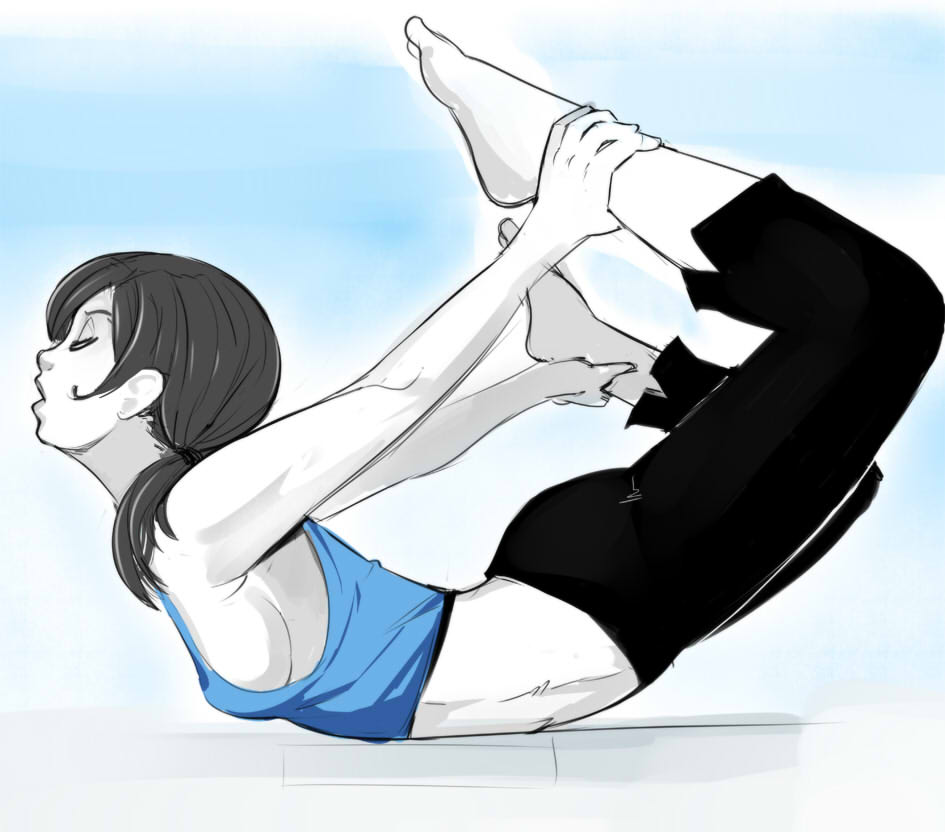 1girl barefoot black_hair capri_pants closed_eyes duplicate exercise long_hair midriff ponytail sho-n-d solo spandex tank_top trainer_(wii_fit) white_skin wii_fit