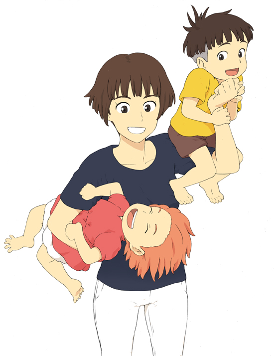 barefoot brown_hair child family feet gake_no_ue_no_ponyo grin hands happy jas jeans orange_hair playing ponyo ponyo_on_the_cliff_by_the_sea risa risa_(ponyo) smile sosuke studio_ghibli tickling