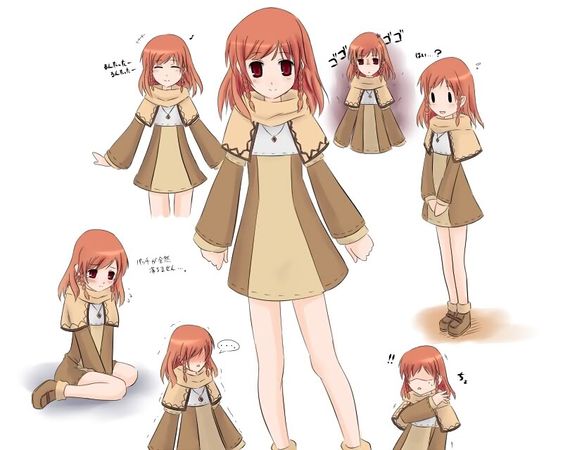 blush braid character_sheet closed_eyes dress hair_over_eyes jewelry mabinogi necklace pendant red_eyes red_hair scarf short_hair smile solo translation_request triona twin_braids