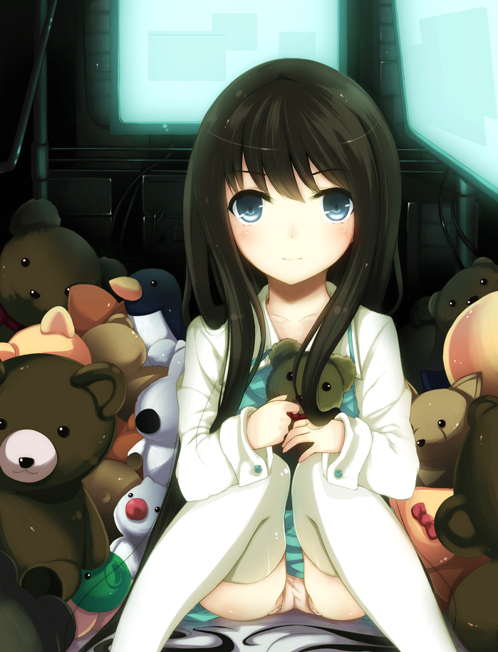 blue_eyes blush computer kami-sama_no_memo-chou kamisama_no_memo_chou loli long_hair moccy monitor panties pantyshot shionji_yuuko sitting smile solo stuffed_animal stuffed_toy teddy_bear thigh-highs thighhighs underwear