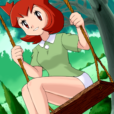 1girl female kanon_(pokemon) nintendo pokemon red_eyes red_hair redhead soara solo swing