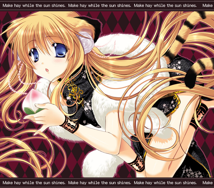 blonde_hair blue_eyes china_dress chinadress chinese_clothes engrish flower food fruit hair_flower hair_ornament long_hair open_mouth peach ranguage ryuuga_shou tail tiger_ears tiger_tail very_long_hair wristband