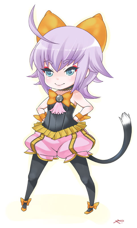 blue_eyes cat_tail chibi final_fantasy final_fantasy_crystal_chronicles hands_on_hips pantyhose pink_hair sherlotta tail yakubeni