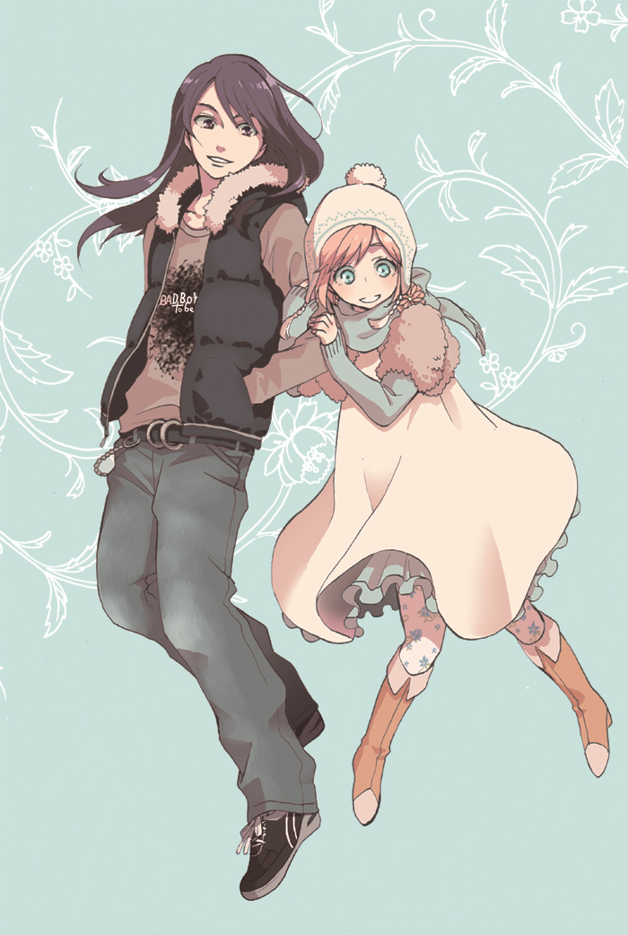 1girl alternate_costume arm_holding belt blue_eyes boots casual contemporary couple dress estellise_sidos_heurassein fashion flower hands_in_pockets hat jeans long_hair long_sleeves pink_hair purple_eyes purple_hair scarf shoes short_hair smile sneakers t-shirt tales_of_(series) tales_of_vesperia tyokityoki vest violet_eyes winter_clothes yuri_lowell