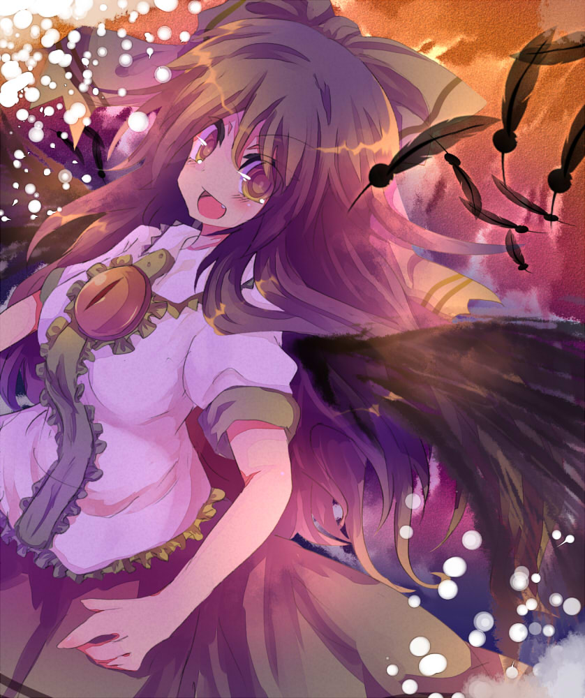 black_hair bow feathers hair_bow long_hair open_mouth rarami reiuji_utsuho smile solo touhou wings