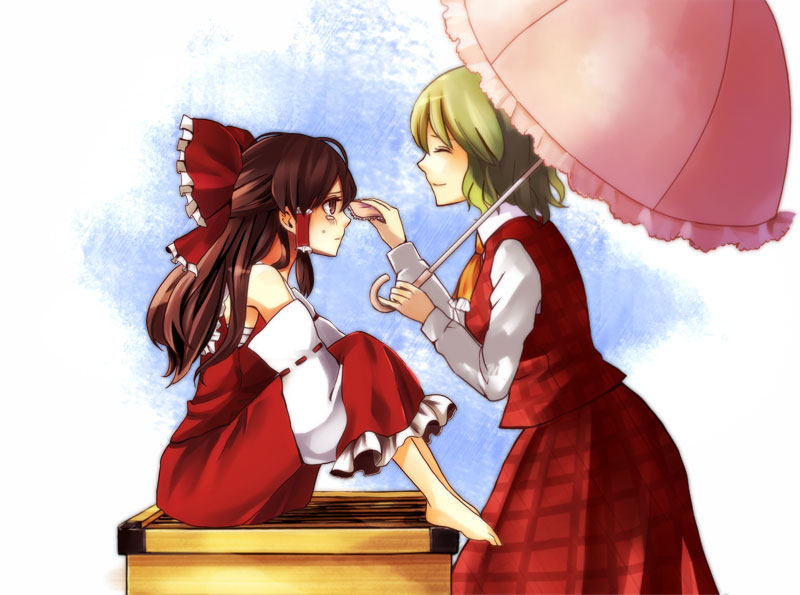 ascot barefoot blue bow box brown_eyes brown_hair closed_eyes collar detached_sleeves donation_box feet green_hair hair_bow hair_ornament hair_ribbon hair_tubes hakurei_reimu halu-natsu handkerchief japanese_clothes kazami_yuuka leg_hug light_smile long_hair miko multiple_girls parasol plaid plaid_skirt plaid_vest ribbon shirt short_hair simple_background sitting skirt skirt_set smile tartan tears touhou umbrella vest waistcoat wavy_hair white wiping_tears