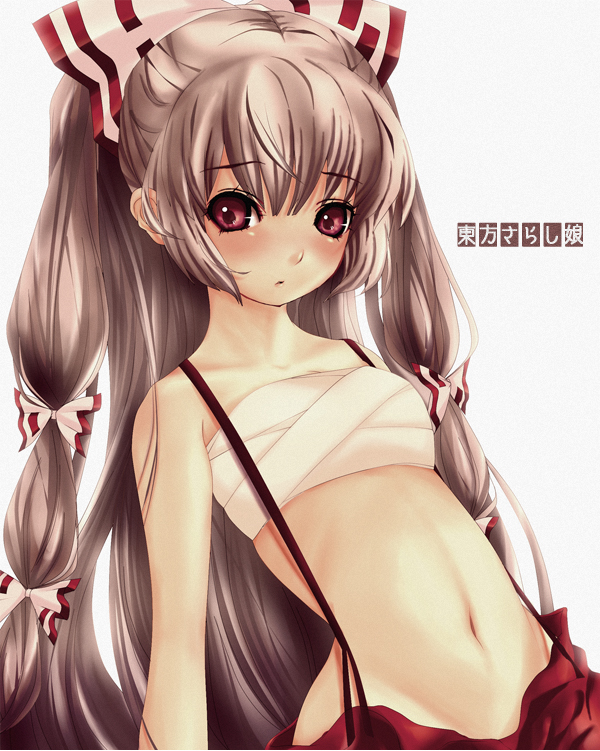 ayase_non blush bow fujiwara_no_mokou hair_bow hair_ribbon long_hair red_eyes ribbon sarashi silver_hair solo suspenders touhou translated