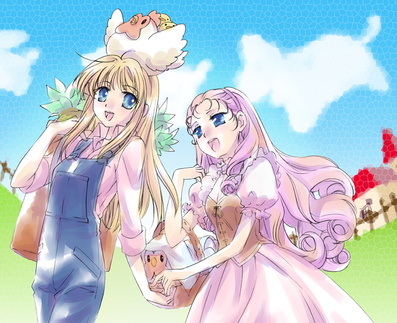 backpack basket bird blonde_hair blue_eyes chick chicken claire_(harvest_moon) clouds corset dress fence hairband harvest_moon kawagoe_pochi long_hair multiple_girls open_mouth overalls pineapple pink_hair popuri_(harvest_moon) sky smile