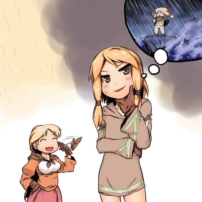 2girls alma_beoulve blonde_hair blush brown_eyes cape dress closed_eyes female final_fantasy final_fantasy_tactics geomancer_(fft) gloves long_hair open_mouth panties thought thought_bubble tukudani