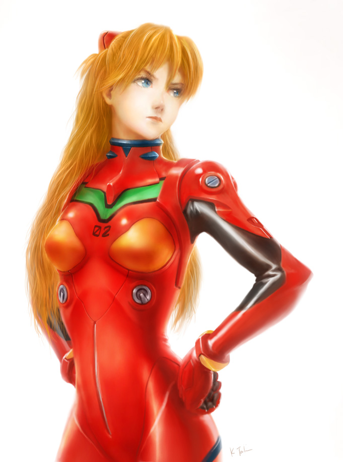 hands_on_hips k-takano long_hair neon_genesis_evangelion orange_hair plugsuit realistic redhead shikinami_asuka_langley simple_background solo souryuu_asuka_langley