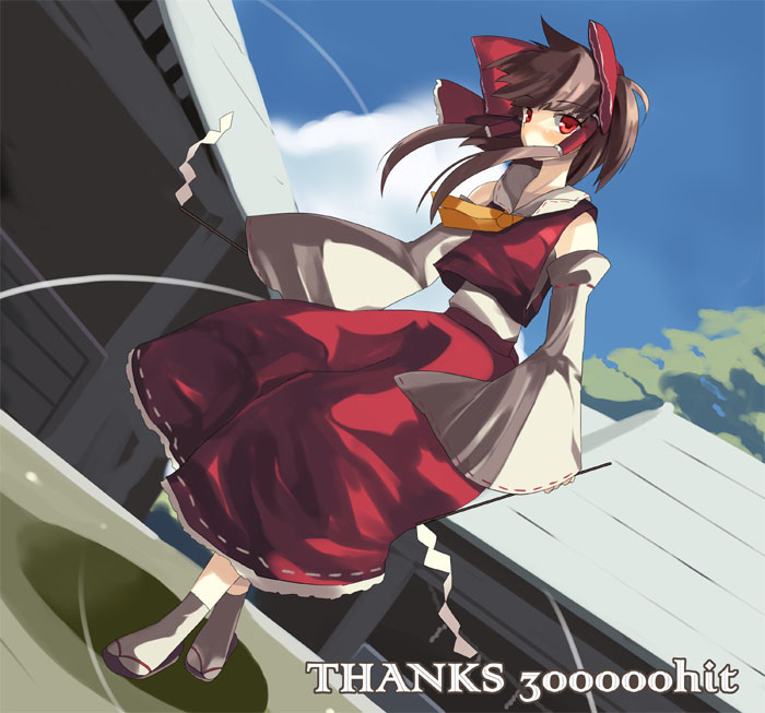 bow brown_hair detached_sleeves dutch_angle gohei hair_bow hair_tubes hakurei_reimu hits japanese_clothes long_hair looking_at_viewer red_eyes sandals shigen solo tabi touhou wide_sleeves wind