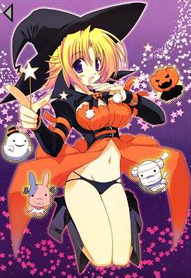 blonde_hair frankenstein's_monster ghost halloween large_breasts mouse mummy pumpkin rabbit short_hair small_waist takanae_kyourin thong violet_eyes wand witch