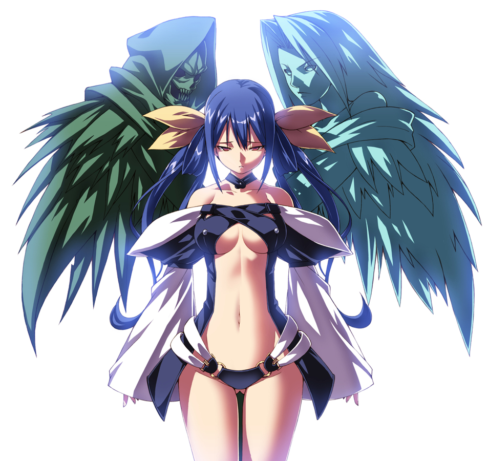 1girl angel_and_devil arc_system_works asymmetrical_wings blue_hair bow breasts demon devil dizzy guilty_gear hair_bow long_hair navel necro red_eyes simple_background solo tail tasaka_shinnosuke thigh_gap underboob undine white_background wings