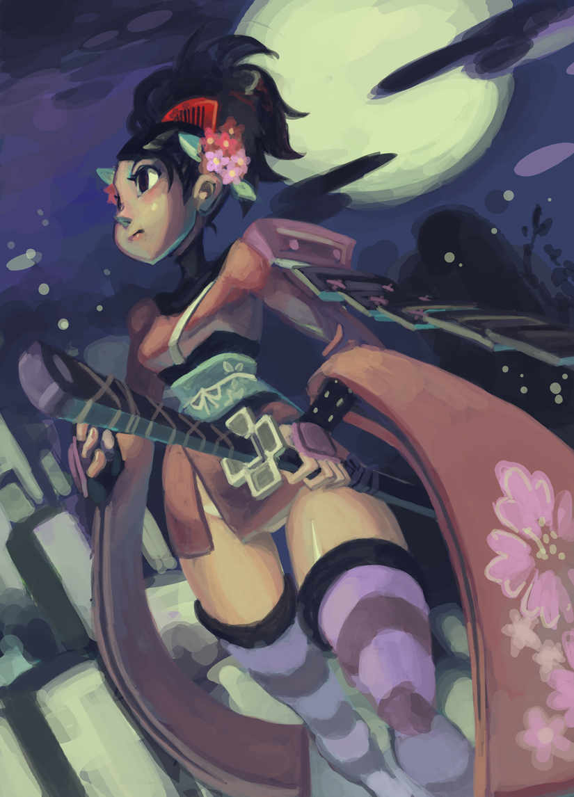 alex_ahad black_hair brown_eyes flower hair_comb hair_flower hair_ornament japanese_clothes katana momohime moon oboro_muramasa_youtouden panties ponytail sheathed short_kimono striped_thighhighs thigh_gap vanillaware white_panties yukata