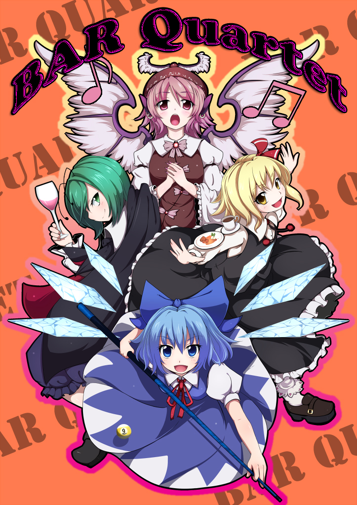 antenna antennae billiards blonde_hair blue_eyes blue_hair bow cirno cup earrings green_hair hair_bow hair_ribbon hands_clasped jewelry musical_note mystia_lorelei nikka nikka_(cryptomeria) outstretched_arms pink_hair ribbon rumia short_hair singing smile spread_arms team_9 touhou wine_glass wings wriggle_nightbug yellow_eyes