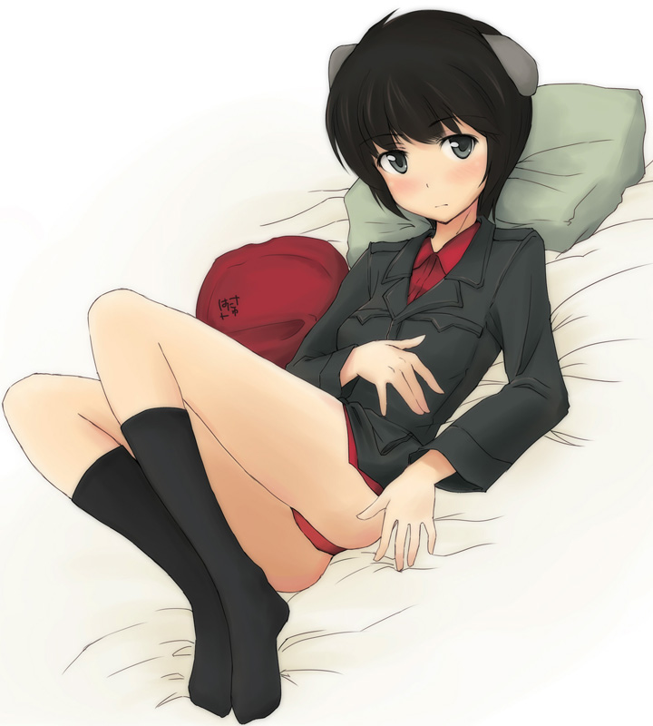 black_hair black_legwear black_socks blush hands hanyu luciana_mazzei panties pillow short_hair socks strike_witches underwear