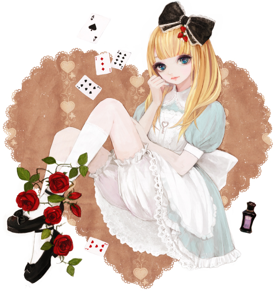 blonde_hair bloomers blue_eyes bow card dress falling_card floating_card flower hair_bow rose