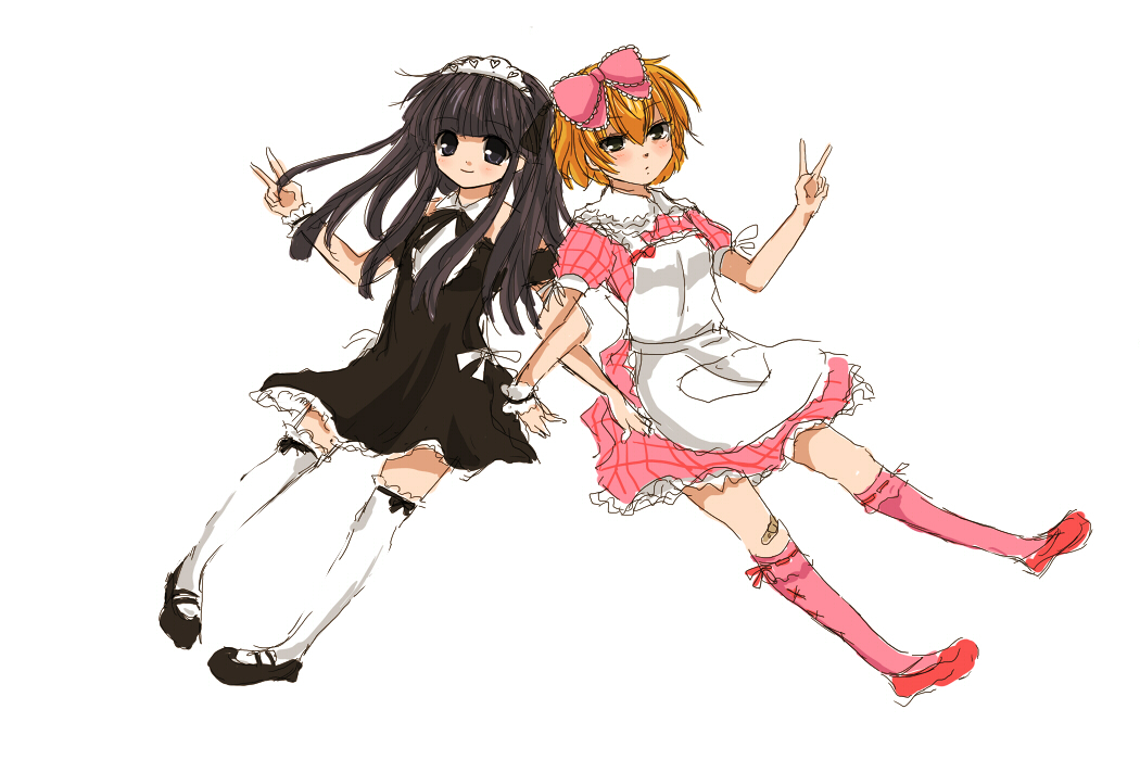 bad_id bandaid black_eyes black_hair blonde_hair bow furude_rika garters hair_bow higurashi_no_naku_koro_ni houjou_satoko kneehighs long_hair maid maid_headdress multiple_girls pink_kneehighs pink_legwear shiori_(pixiv397581) short_hair socks thigh-highs thighhighs v white_legwear white_thighhighs