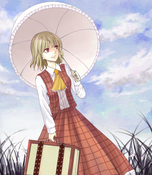 clouds collar dutch_angle grass green_hair halu-natsu kazami_yuuka light_smile nature parasol plaid plaid_skirt plaid_vest red_eyes shirt short_hair skirt skirt_set sky smile solo suitcase tartan touhou umbrella vest waistcoat wavy_hair