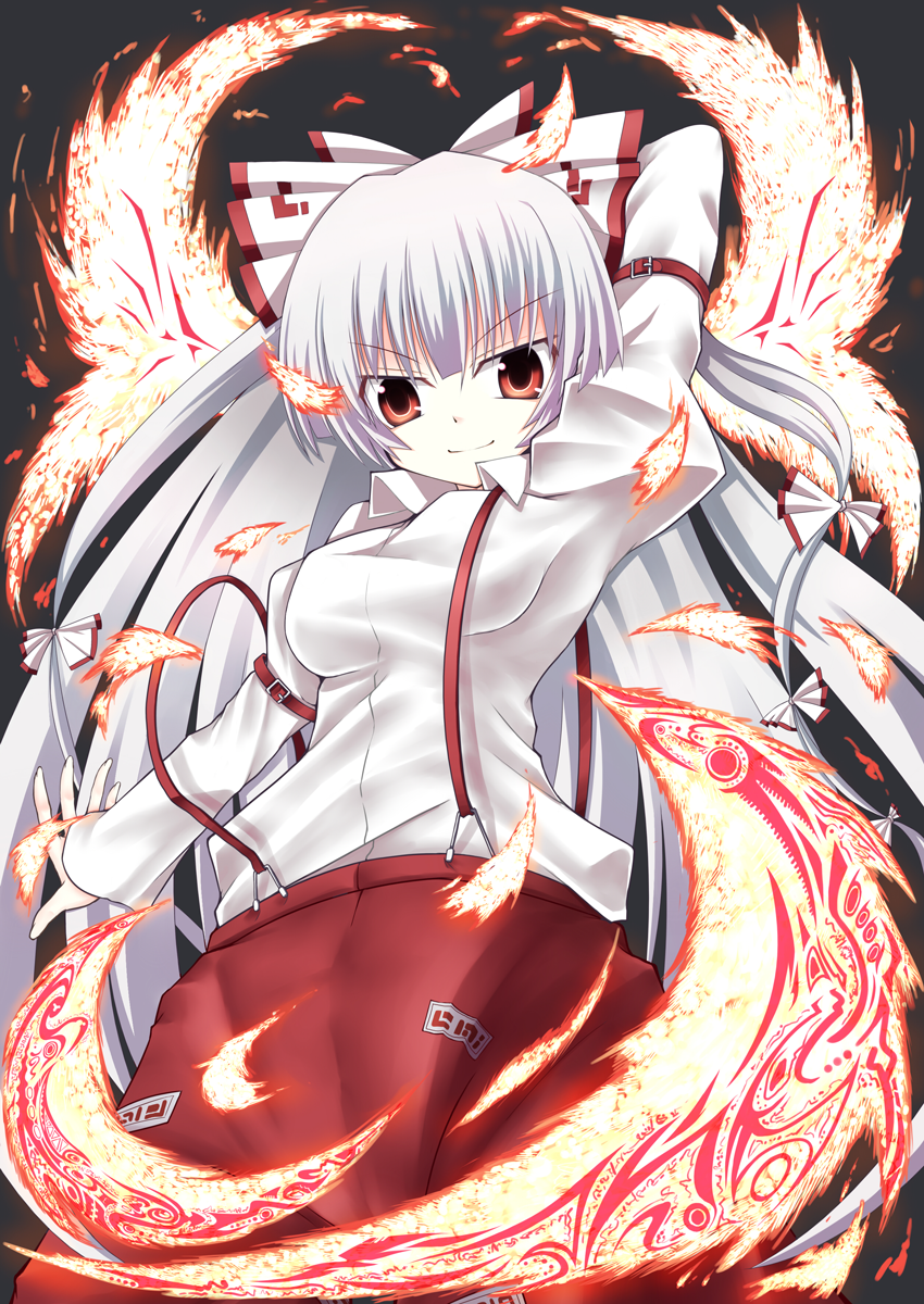 bow fire fujiwara_no_mokou hair_bow hair_ribbon hamo_tosaka highres long_hair red_eyes ribbon solo suspenders touhou white_hair