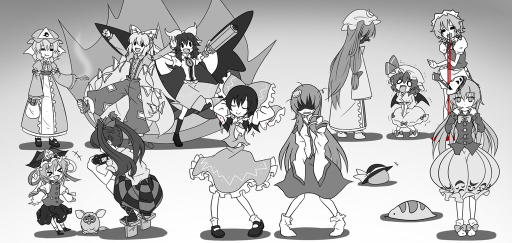 &gt;_&lt; =_= arms_behind_head blood camera detached_sleeves fire forced_smile fujiwara_no_mokou furby guuchama hakurei_reimu hata_no_kokoro himekaidou_hatate izayoi_sakuya kochiya_sanae komeiji_koishi komeiji_koishi_(stone) mask multiple_girls noh_mask nosebleed patchouli_knowledge reiuji_utsuho remilia_scarlet saigyouji_yuyuko shiki_eiki smile stone tagme touhou tsuchinoko