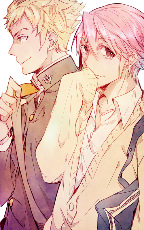 2boys a082 alternate_costume azur_(fire_emblem) bag blonde_hair brown_eyes covering_mouth earrings eudes_(fire_emblem) fire_emblem fire_emblem:_kakusei gakuran green_eyes hair_between_eyes holding holding_bag jewelry looking_at_viewer male messenger_bag multiple_boys nintendo pink_hair school_uniform shoulder_bag simple_background single_earring sleeves_past_wrists smile sweater unbuttoned white_background