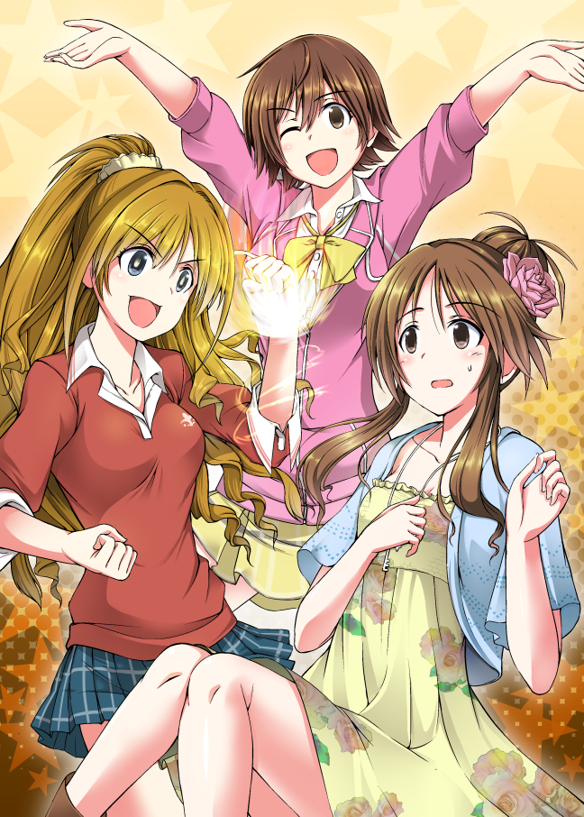 3girls blonde_hair blue_eyes bow brown_eyes brown_hair collarbone flower hair_ornament hino_akane_(idolmaster) honda_mio idolmaster idolmaster_cinderella_girls key long_hair ment multiple_girls open_mouth outstretched_arms puffy_sleeves short_hair short_sleeves skirt sweatdrop takamori_aiko wink