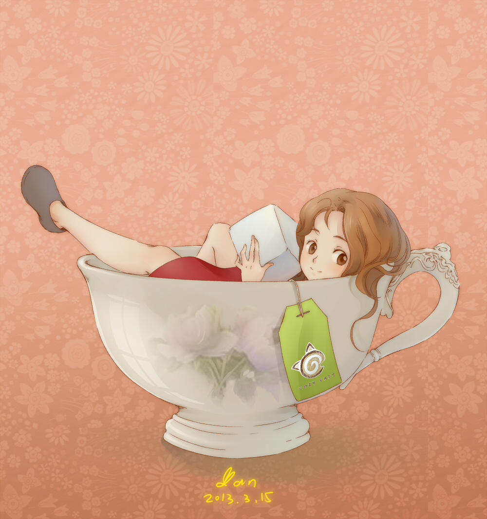 1girl 2013 arrietty brown_eyes brown_hair cup dated floral_background hair_down karigurashi_no_arrietty minigirl pink_background signature solo sugar_cube teabag teacup yulan0223