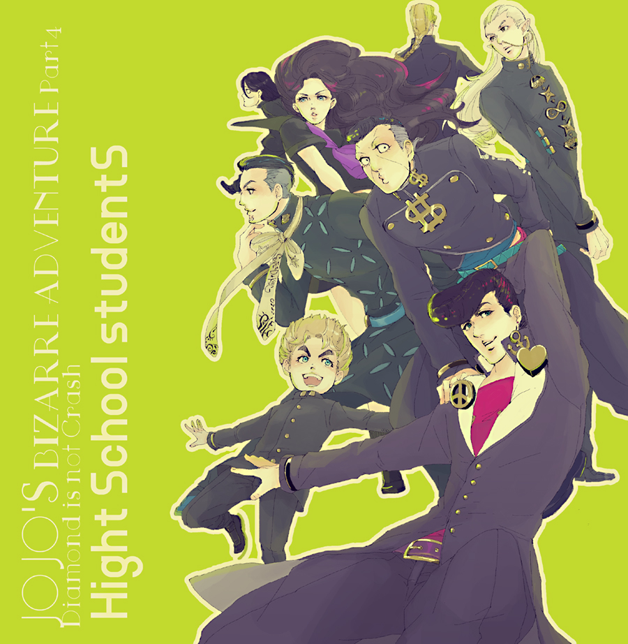 1girl 6+boys fungami_yuuya gakuran hazamada_toshikazu hazekura_mikitaka higashikata_jousuke hirose_kouichi jojo_no_kimyou_na_bouken multiple_boys nijimura_keichou nijimura_okuyasu polon55 school_uniform yamagishi_yukako