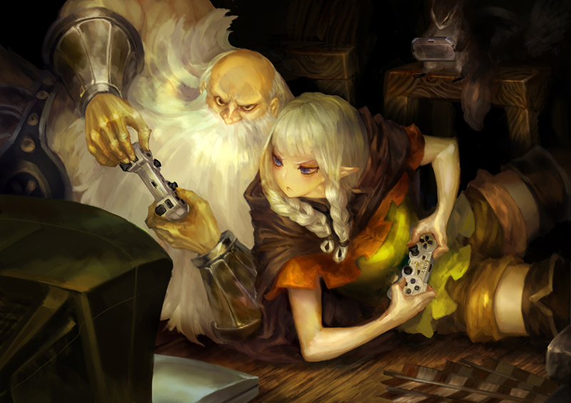 arrow beard braid controller dragon's_crown dualshock dwarf_(dragon's_crown) elf_(dragon's_crown) facial_hair game_controller gamepad long_hair lying mouse n.a. on_side playing_games playstation_3 playstation_vita pointy_ears television thigh-highs twin_braids white_hair zettai_ryouiki