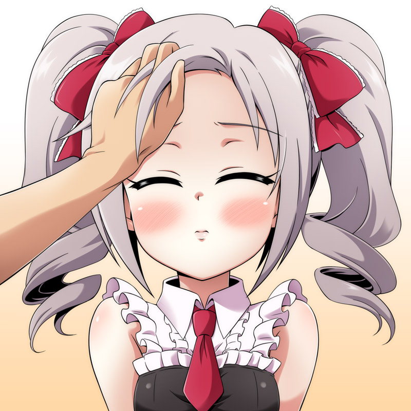1girl blush bow closed_eyes drill_hair forehead frills hair_bow hands hands_on_another's_face hands_on_another's_head idolmaster idolmaster_cinderella_girls kanzaki_ranko necktie open_mouth silver_hair sleeveless twintails uraichishi