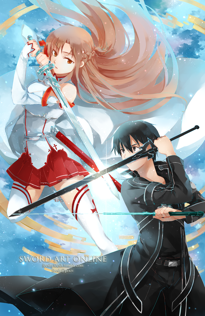 1boy 1girl asuna_(sao) black_hair brown_hair detached_sleeves dual_wielding feesh kirito long_hair short_hair sword sword_art_online thigh-highs weapon yuuki_asuna