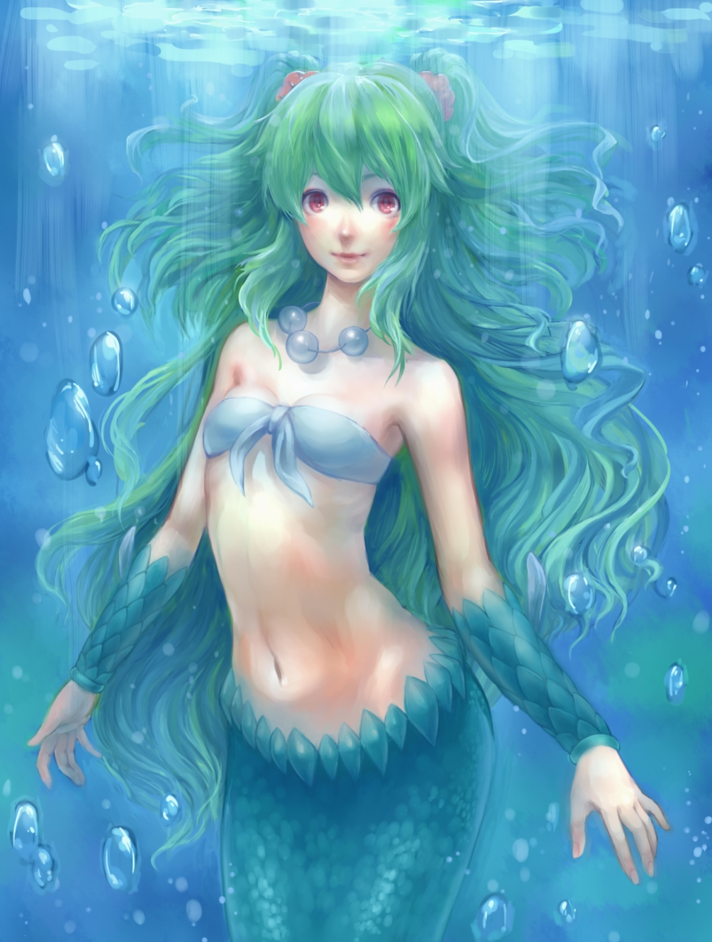 1girl air_bubble bare_shoulders blush breasts cleavage front-tie_top green_hair highres jewelry kyol-2 lips long_hair looking_at_viewer mermaid midriff monster_girl muromi-san namiuchigiwa_no_muromi-san navel necklace redhead scales smile solo tubetop two_side_up underwater very_long_hair